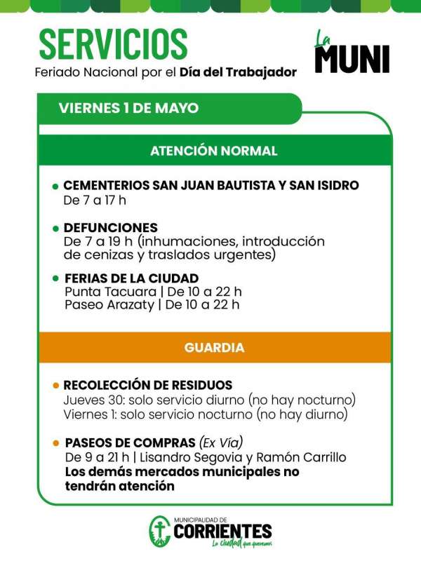 Servicios durante el Feriado